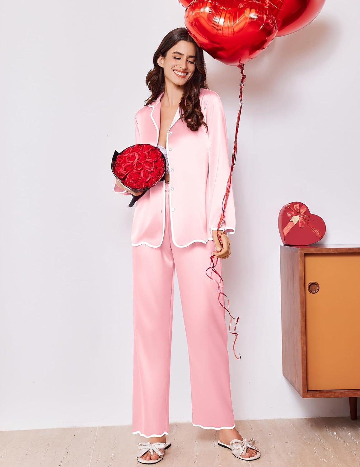 imageEkouaer Satin Pajama Set Long Sleeve Button Down Pj Sets Ruffle Silk Valentine Pajamas for WomenRose Pink