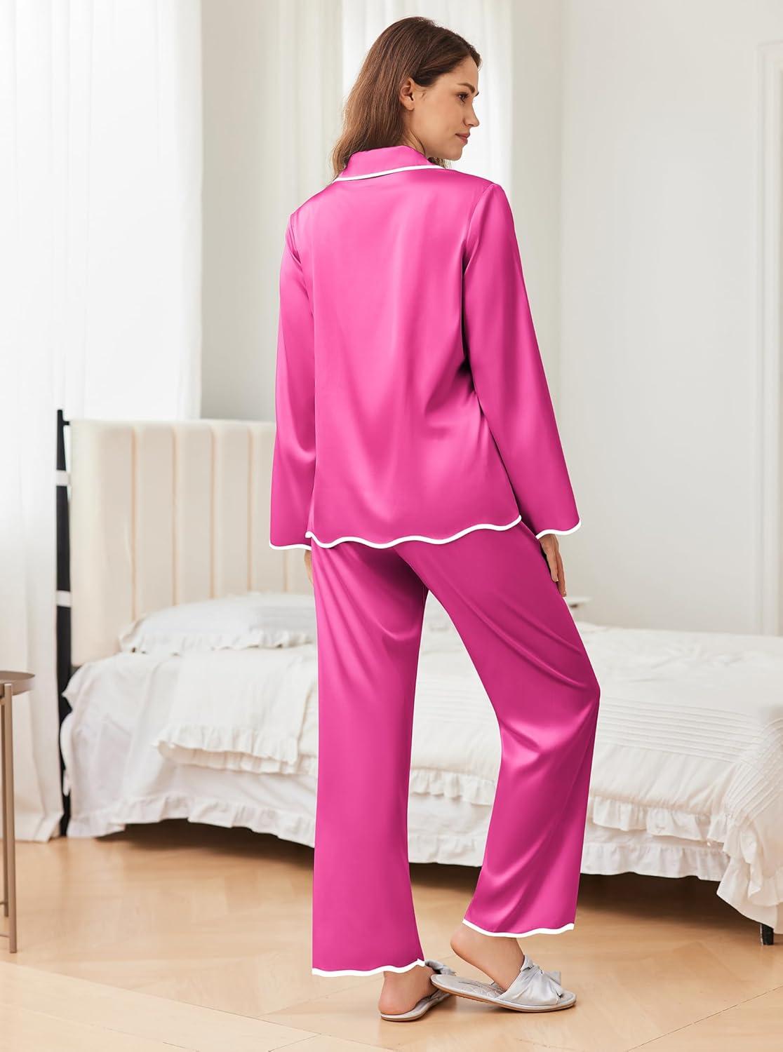 imageEkouaer Satin Pajama Set Long Sleeve Button Down Pj Sets Ruffle Silk Valentine Pajamas for WomenRose Red