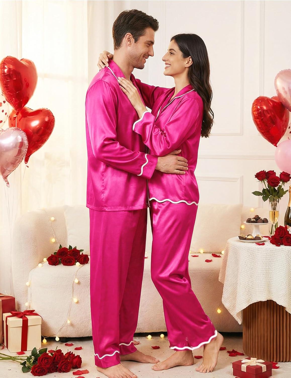 imageEkouaer Satin Pajama Set Long Sleeve Button Down Pj Sets Ruffle Silk Valentine Pajamas for WomenRose Red