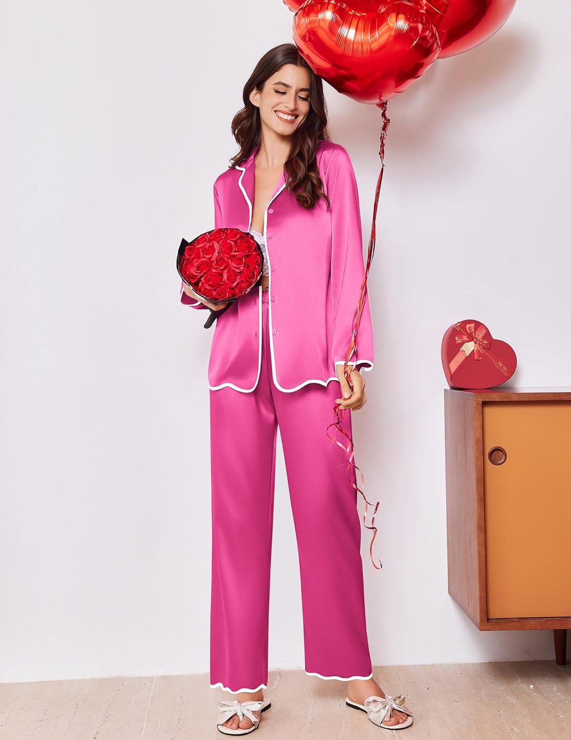 imageEkouaer Satin Pajama Set Long Sleeve Button Down Pj Sets Ruffle Silk Valentine Pajamas for WomenRose Red