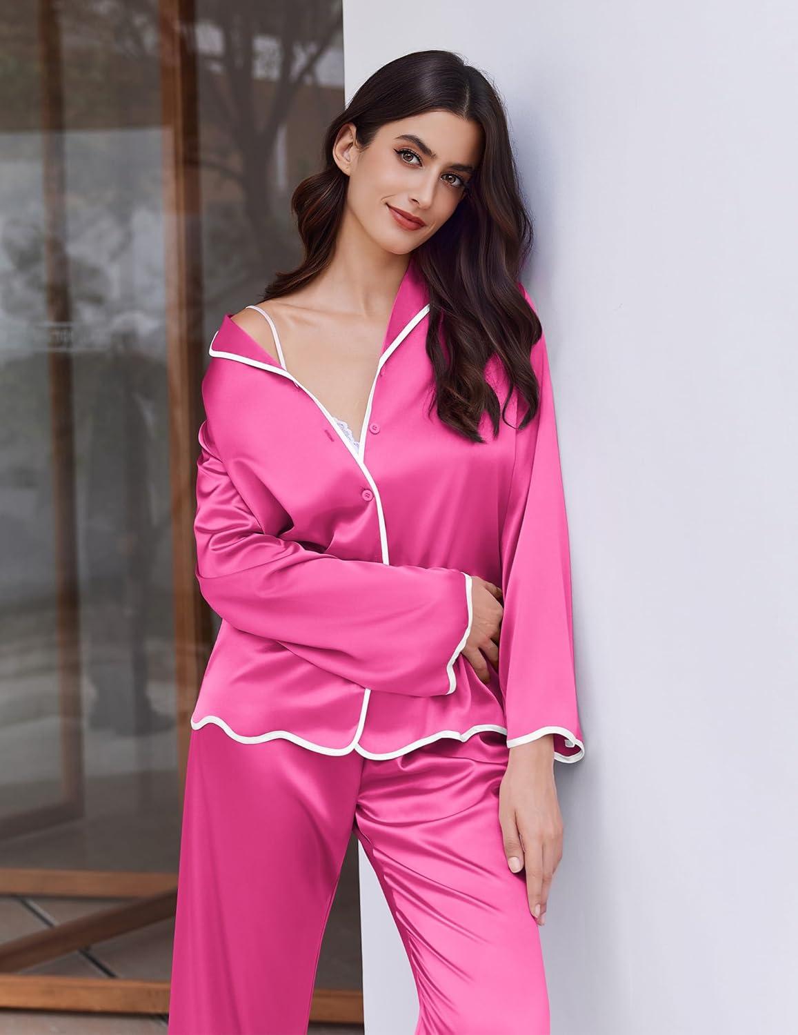 imageEkouaer Satin Pajama Set Long Sleeve Button Down Pj Sets Ruffle Silk Valentine Pajamas for WomenRose Red