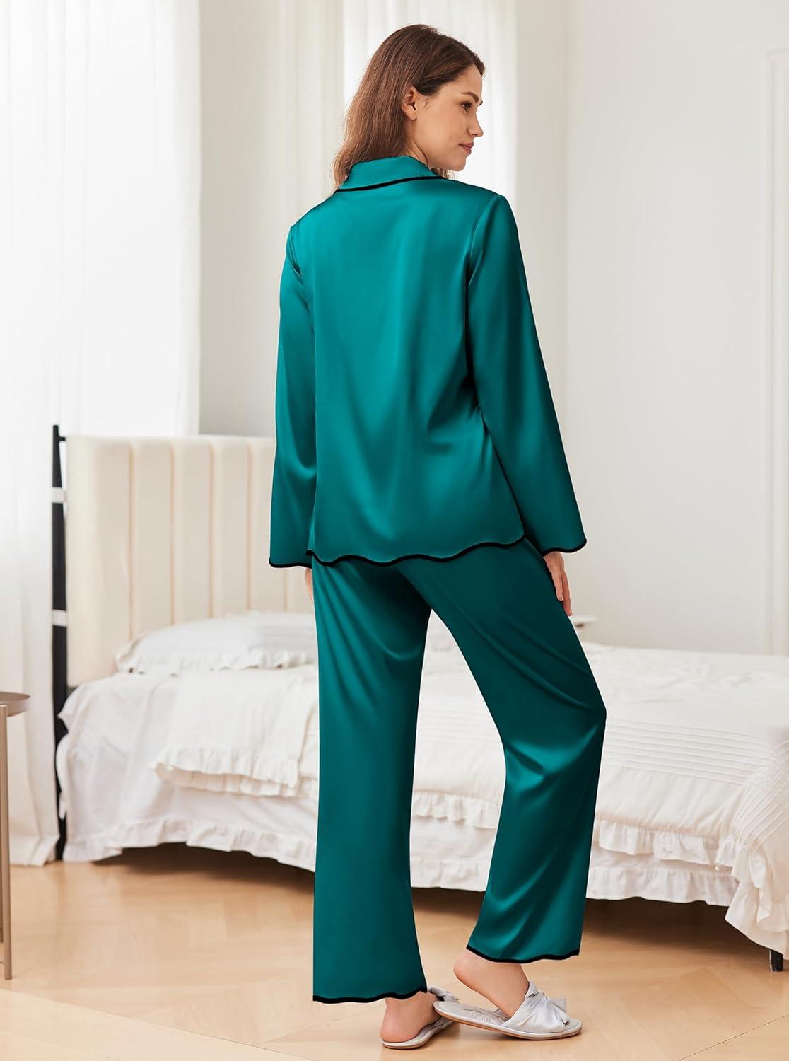 imageEkouaer Satin Pajama Set Long Sleeve Button Down Pj Sets Ruffle Silk Valentine Pajamas for WomenTeal