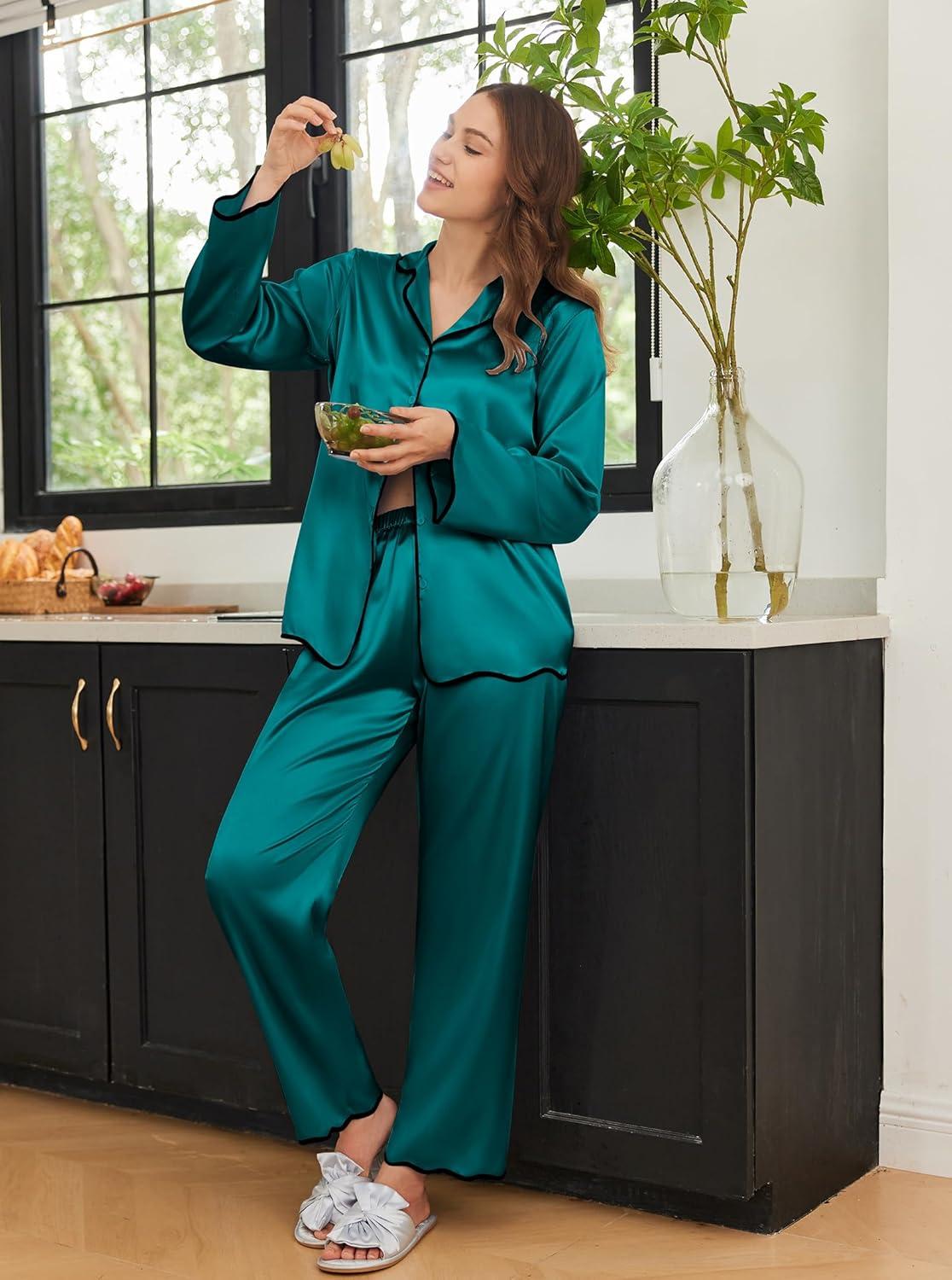imageEkouaer Satin Pajama Set Long Sleeve Button Down Pj Sets Ruffle Silk Valentine Pajamas for WomenTeal