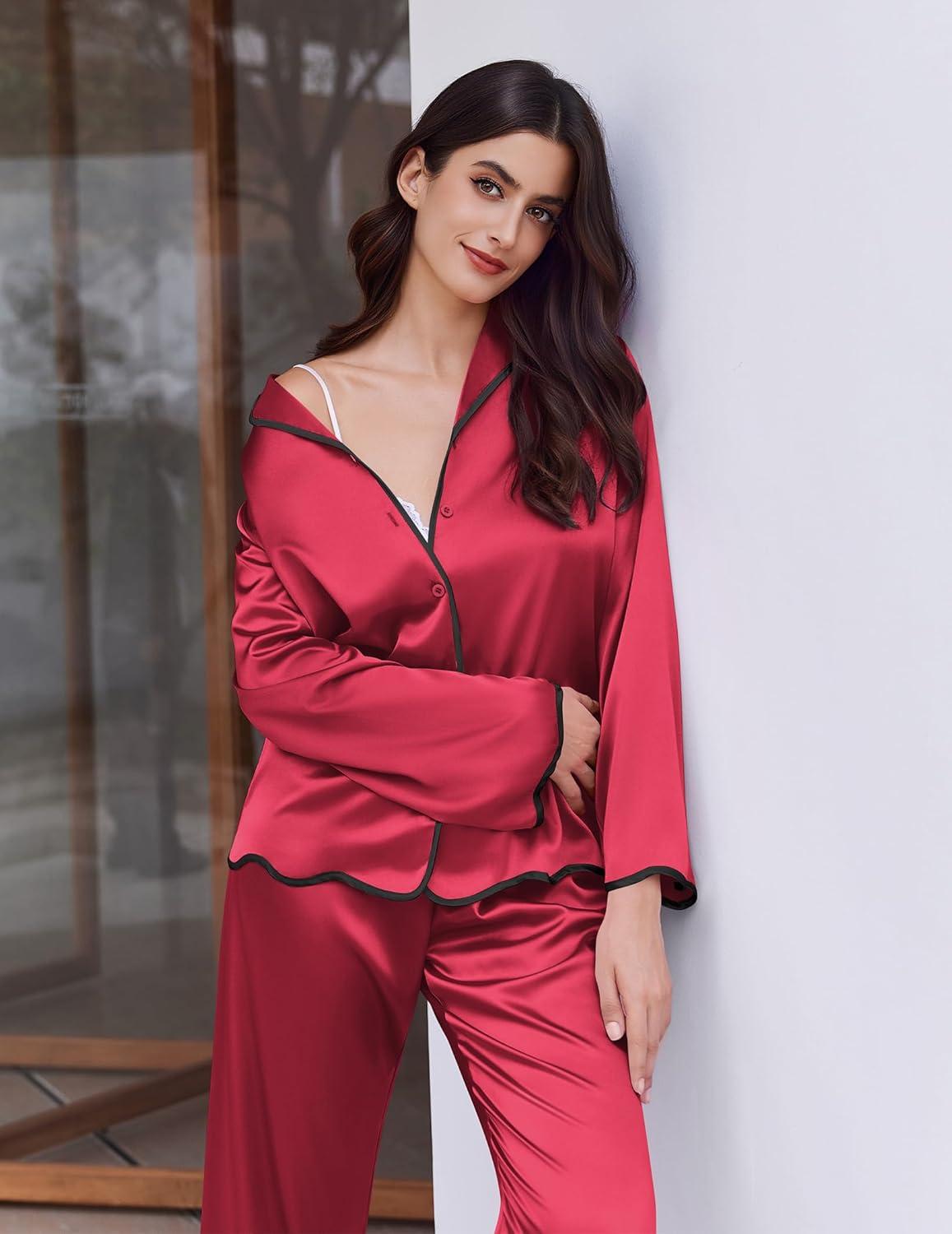 imageEkouaer Satin Pajama Set Long Sleeve Button Down Pj Sets Ruffle Silk Valentine Pajamas for WomenWine Red