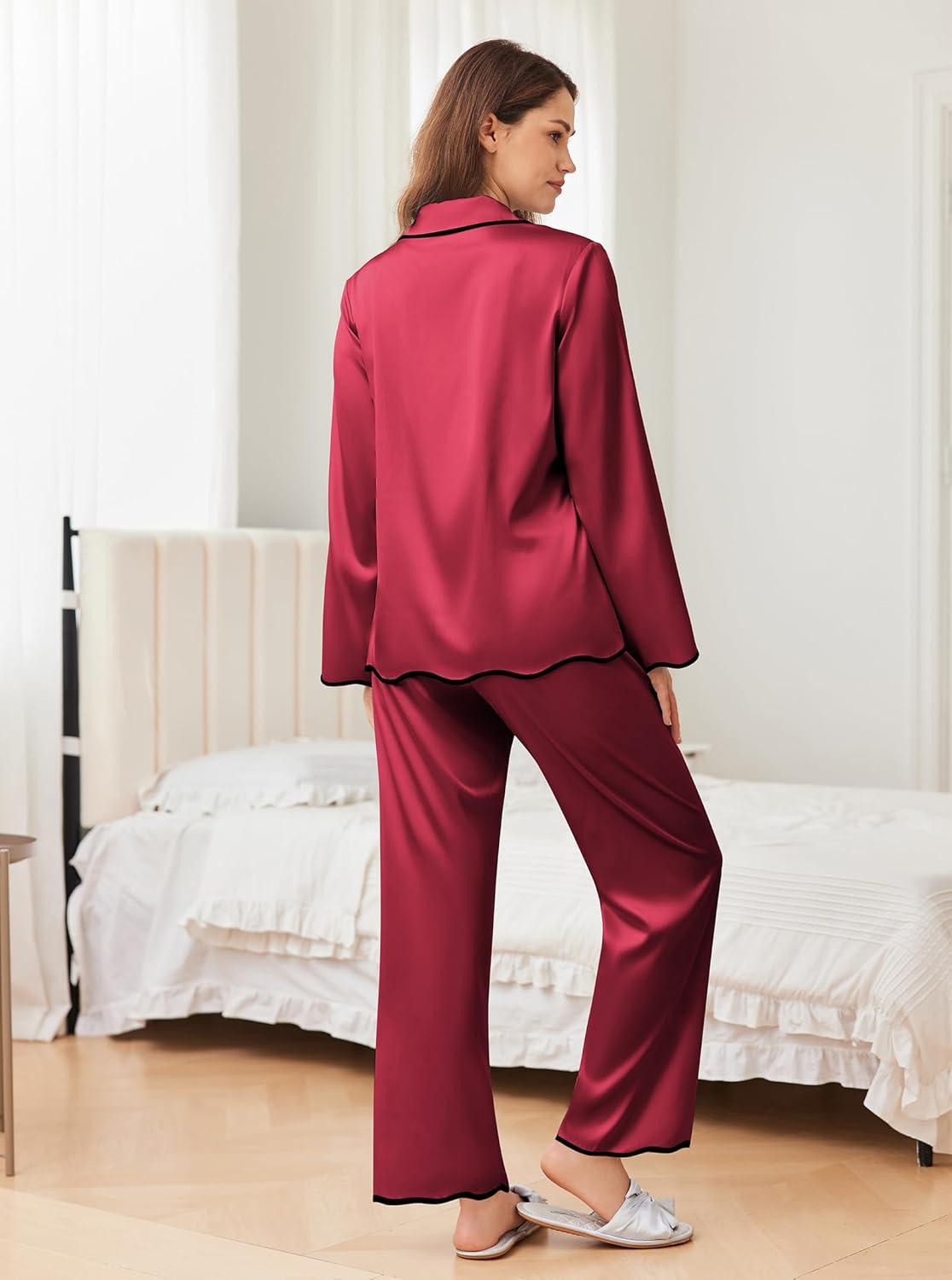 imageEkouaer Satin Pajama Set Long Sleeve Button Down Pj Sets Ruffle Silk Valentine Pajamas for WomenWine Red