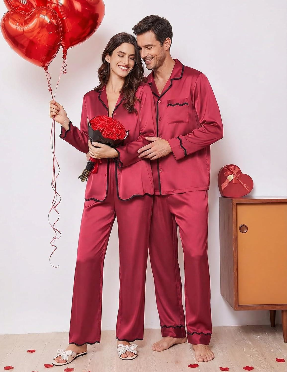 imageEkouaer Satin Pajama Set Long Sleeve Button Down Pj Sets Ruffle Silk Valentine Pajamas for WomenWine Red