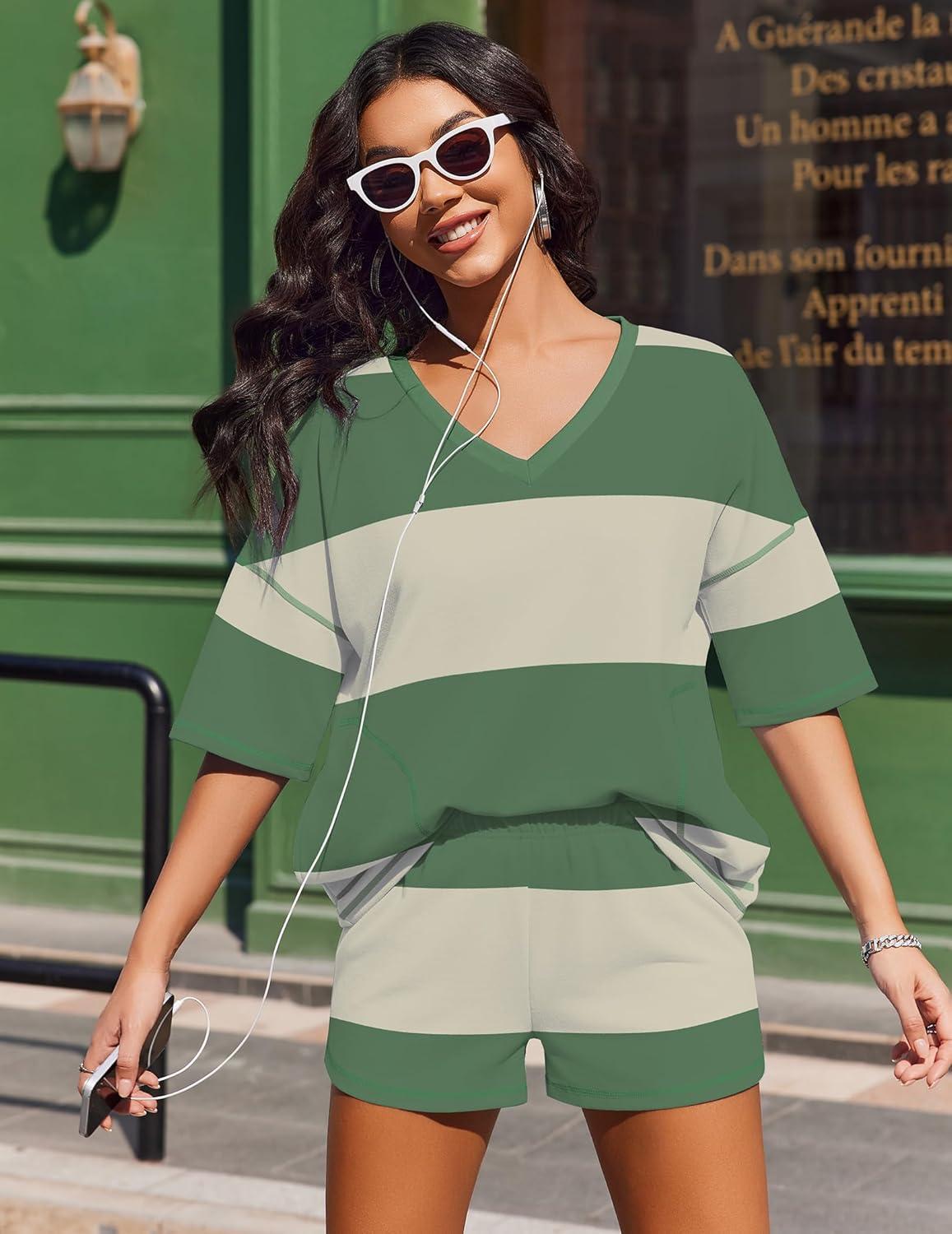 imageEkouaer Two Piece Sets for Women Summer Lounge Sets 2026 Striped Shirts and Shorts Set Oversized Matching OutfitArmy Green White Combo