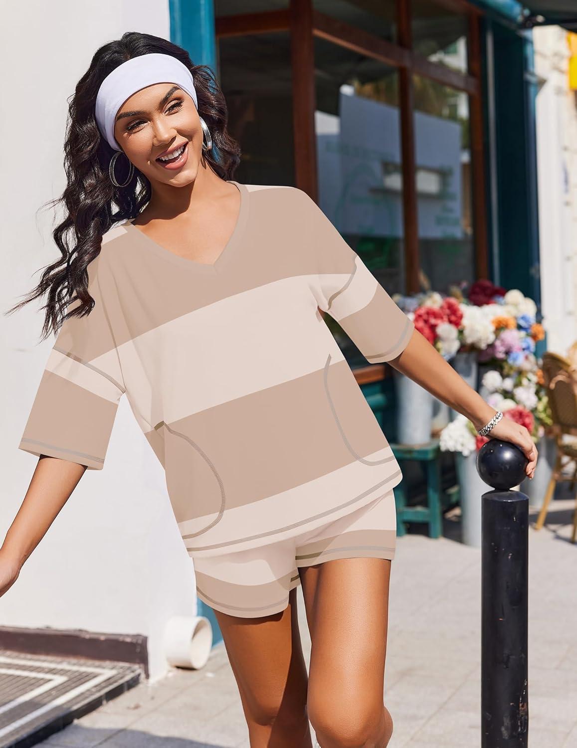 imageEkouaer Two Piece Sets for Women Summer Lounge Sets 2026 Striped Shirts and Shorts Set Oversized Matching OutfitBeige White Combo