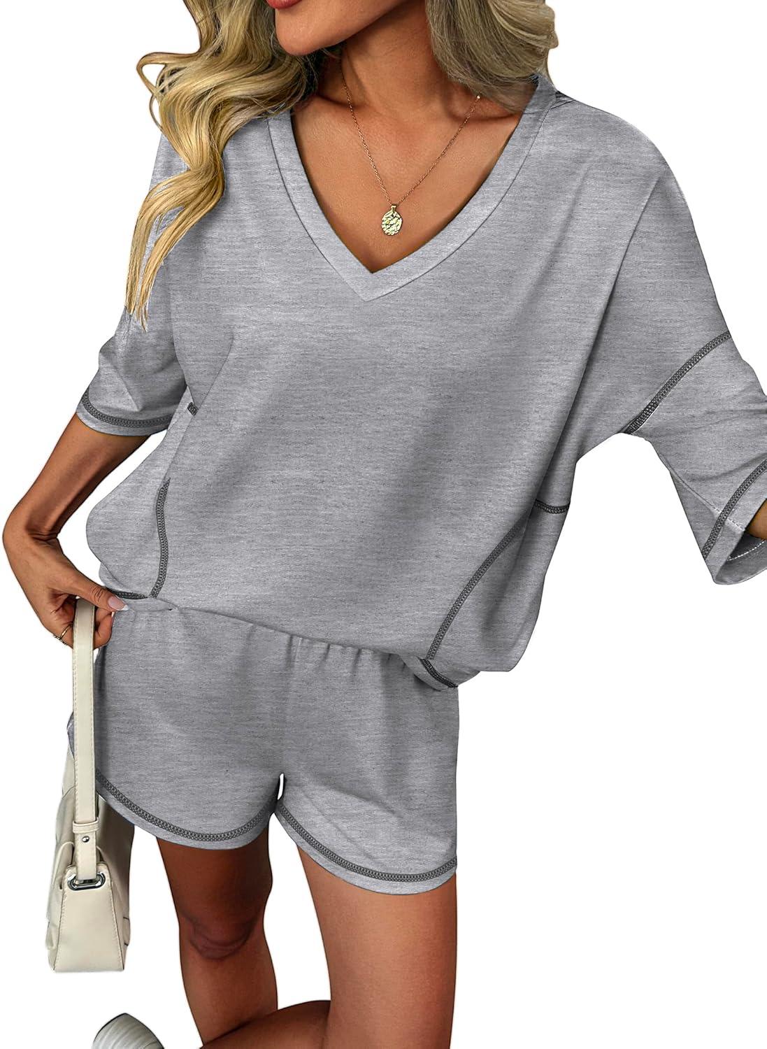 imageEkouaer Two Piece Sets for Women Summer Lounge Sets 2026 Striped Shirts and Shorts Set Oversized Matching OutfitGrey