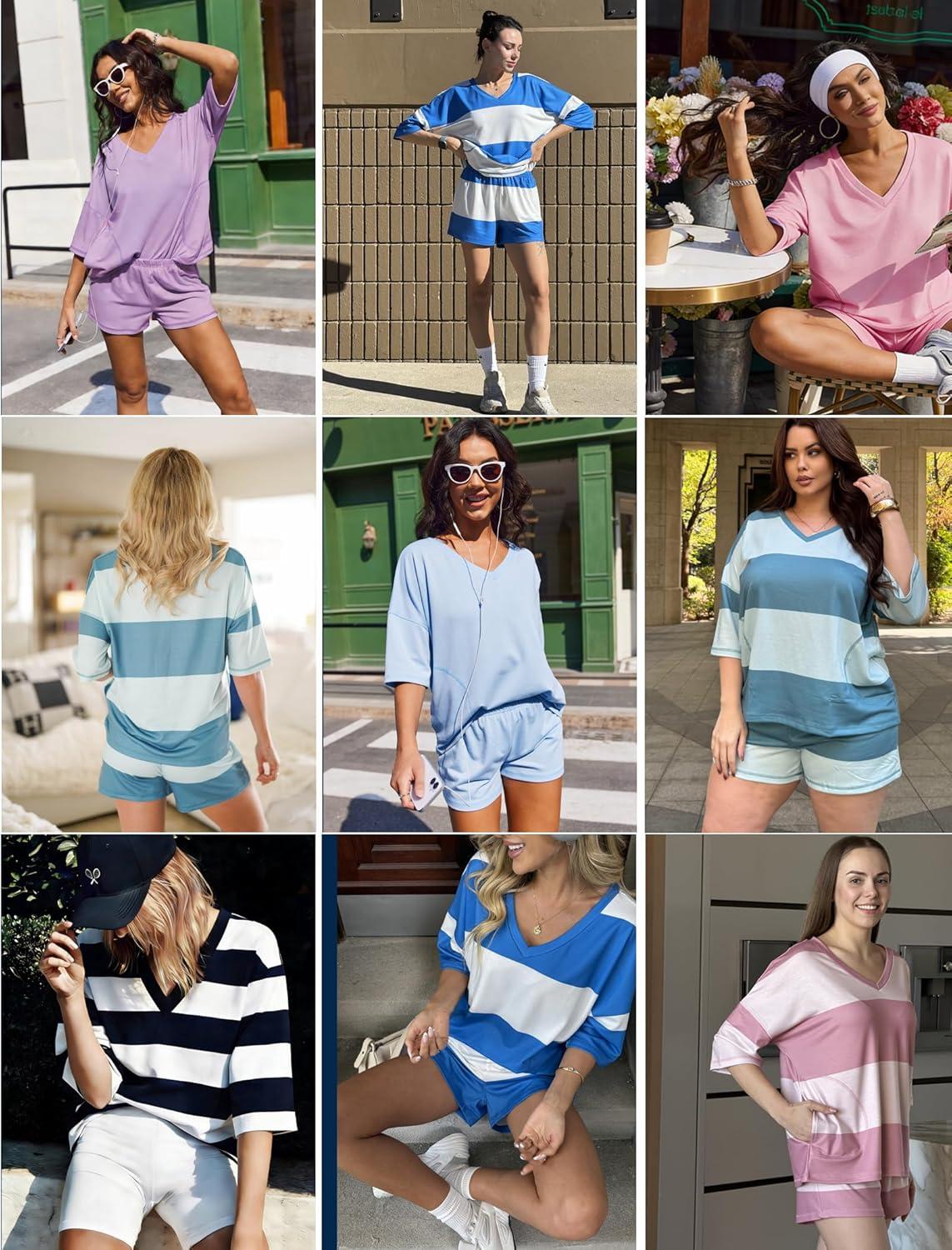 imageEkouaer Two Piece Sets for Women Summer Lounge Sets 2026 Striped Shirts and Shorts Set Oversized Matching OutfitGrey