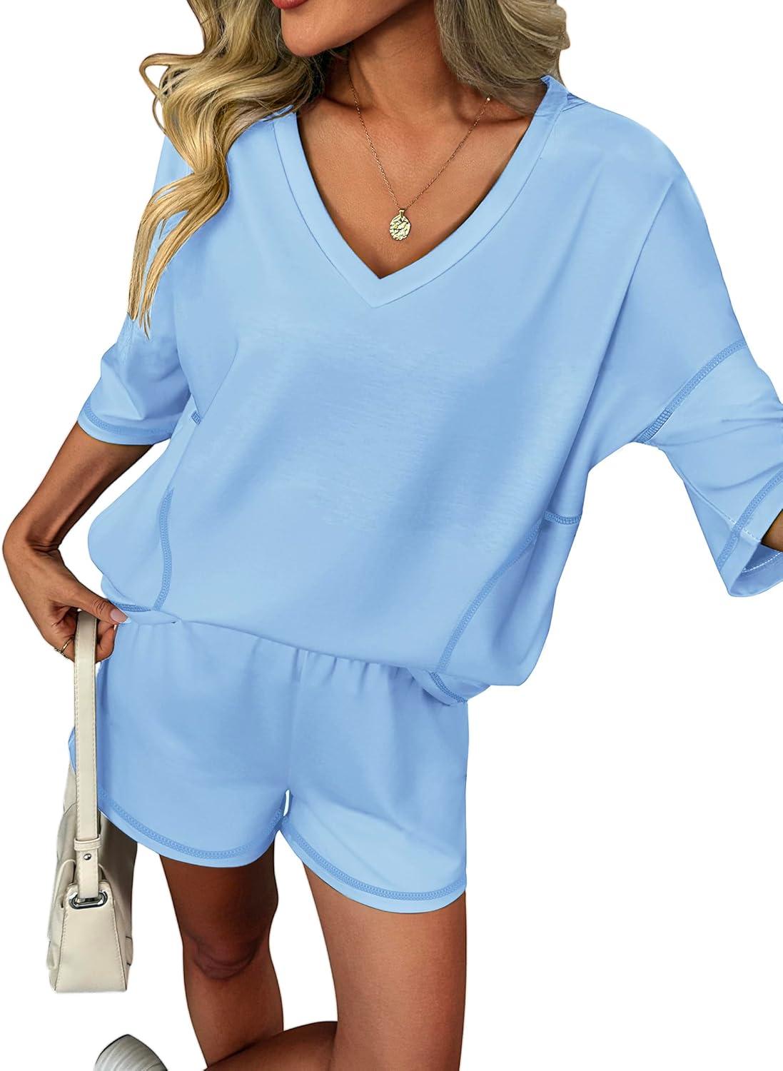 imageEkouaer Two Piece Sets for Women Summer Lounge Sets 2026 Striped Shirts and Shorts Set Oversized Matching OutfitLight Blue