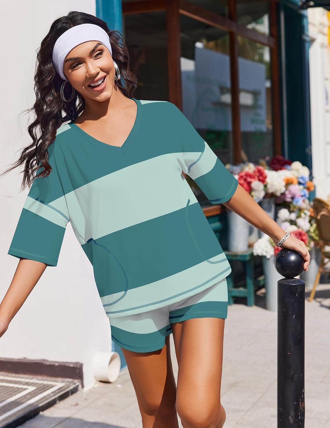 imageEkouaer Two Piece Sets for Women Summer Lounge Sets 2026 Striped Shirts and Shorts Set Oversized Matching OutfitLight Green Combo