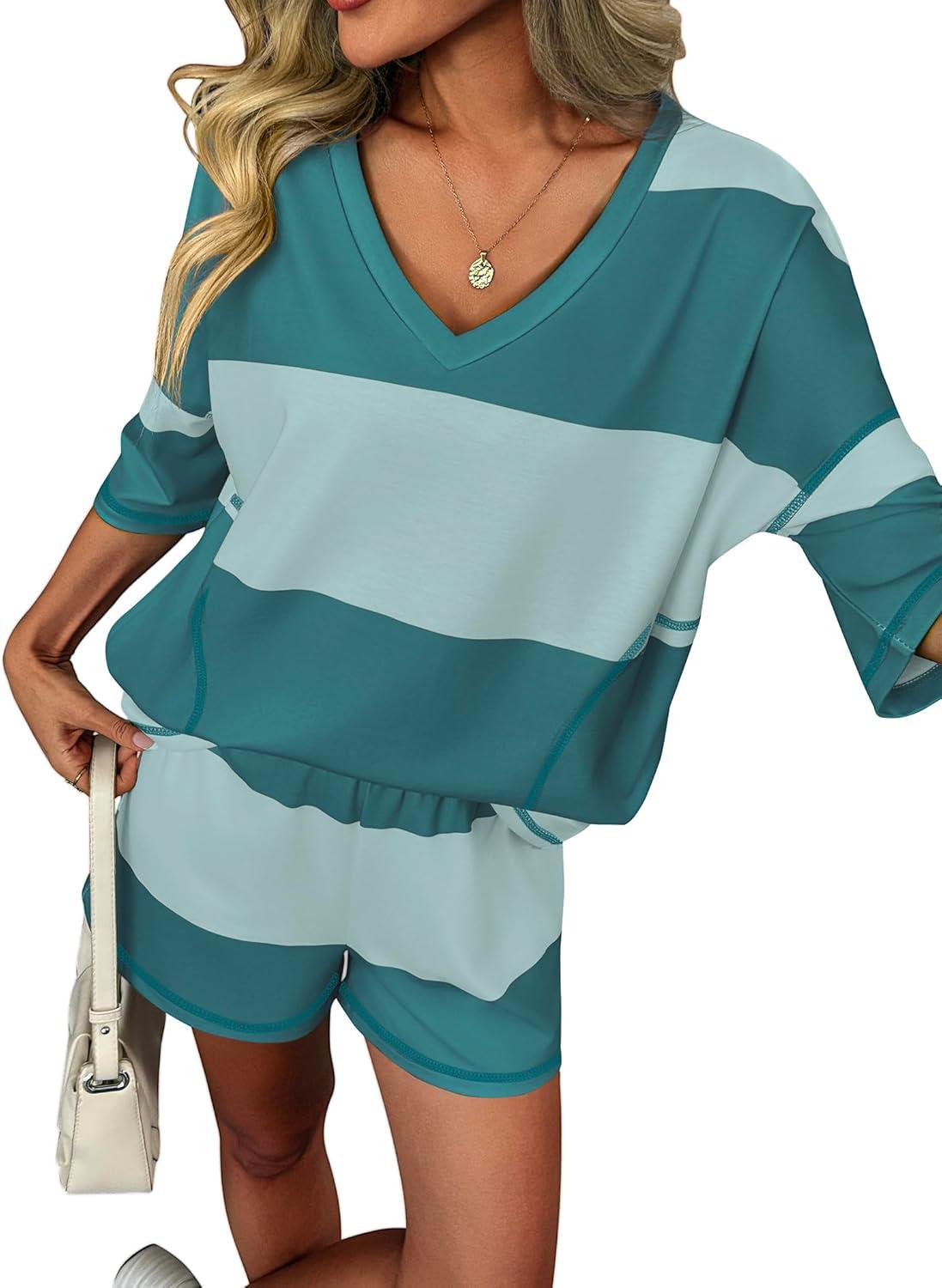 imageEkouaer Two Piece Sets for Women Summer Lounge Sets 2026 Striped Shirts and Shorts Set Oversized Matching OutfitLight Green Combo