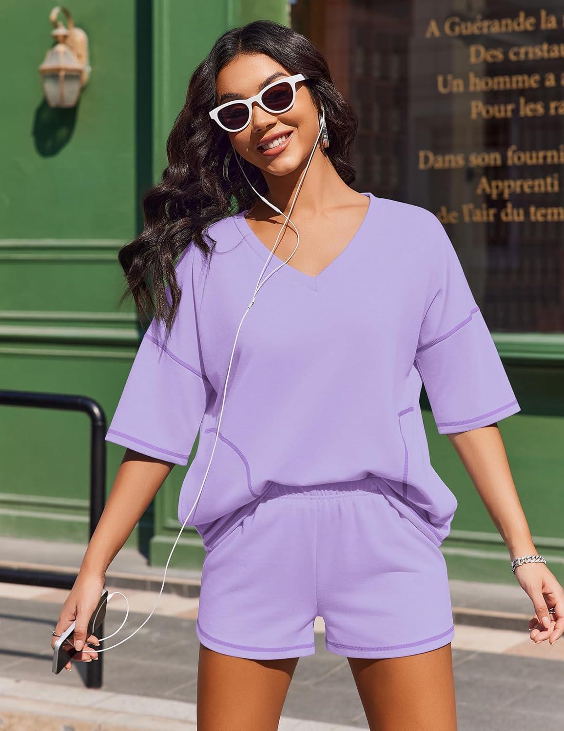 imageEkouaer Two Piece Sets for Women Summer Lounge Sets 2026 Striped Shirts and Shorts Set Oversized Matching OutfitLilac