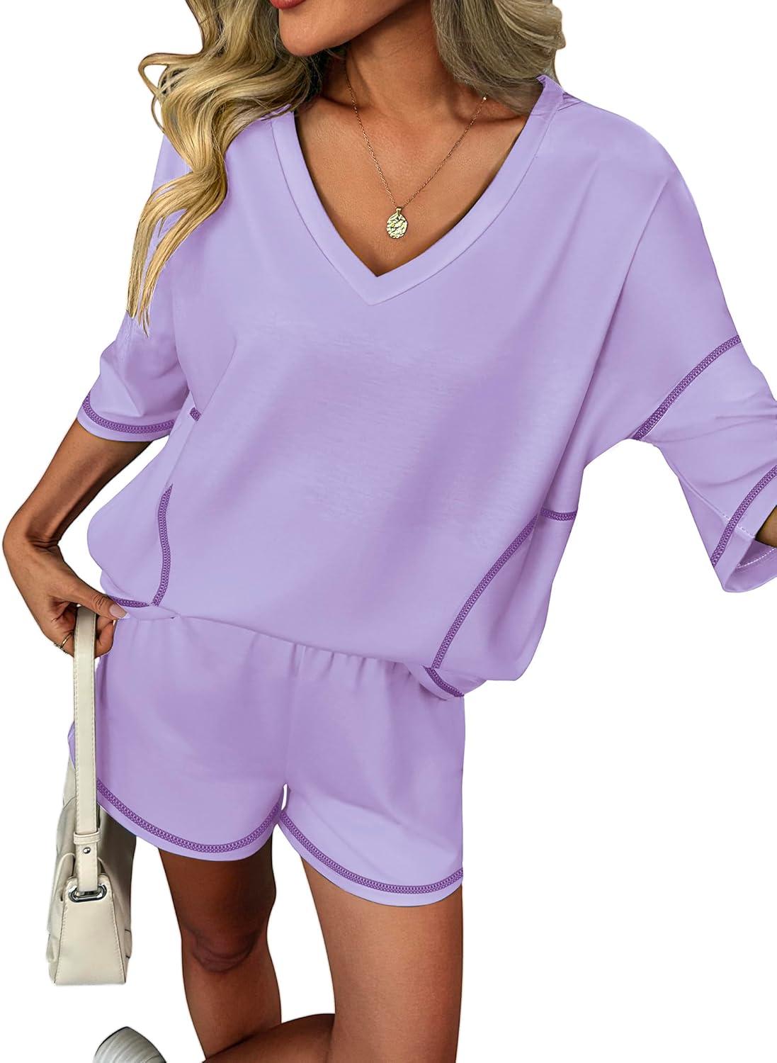 imageEkouaer Two Piece Sets for Women Summer Lounge Sets 2026 Striped Shirts and Shorts Set Oversized Matching OutfitLilac