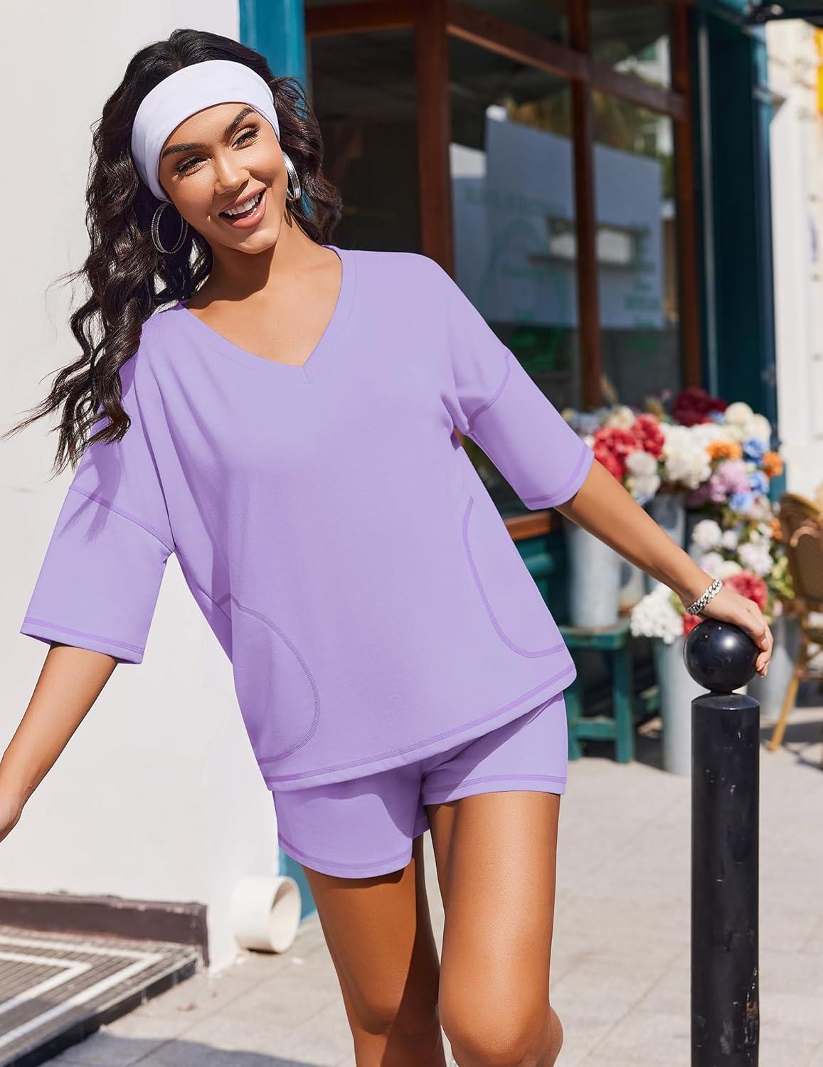 imageEkouaer Two Piece Sets for Women Summer Lounge Sets 2026 Striped Shirts and Shorts Set Oversized Matching OutfitLilac