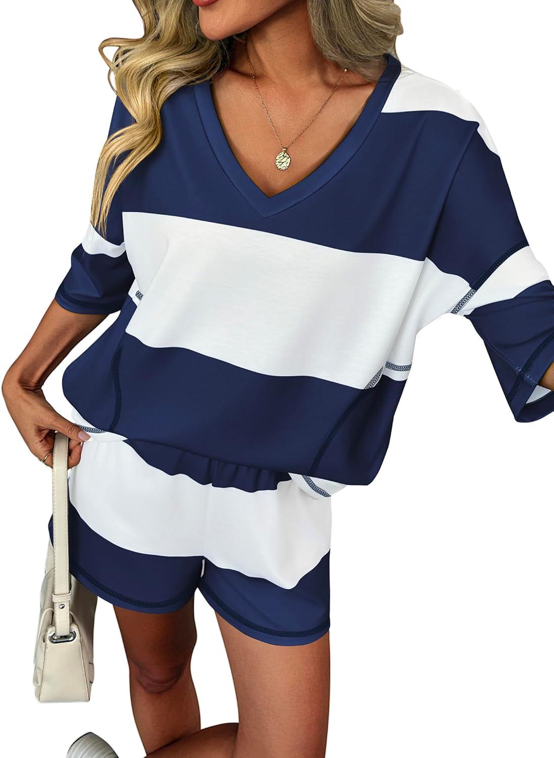 imageEkouaer Two Piece Sets for Women Summer Lounge Sets 2026 Striped Shirts and Shorts Set Oversized Matching OutfitNavy White Combo