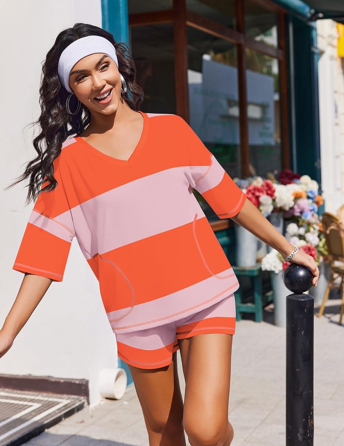 imageEkouaer Two Piece Sets for Women Summer Lounge Sets 2026 Striped Shirts and Shorts Set Oversized Matching OutfitOrange Pink Combo