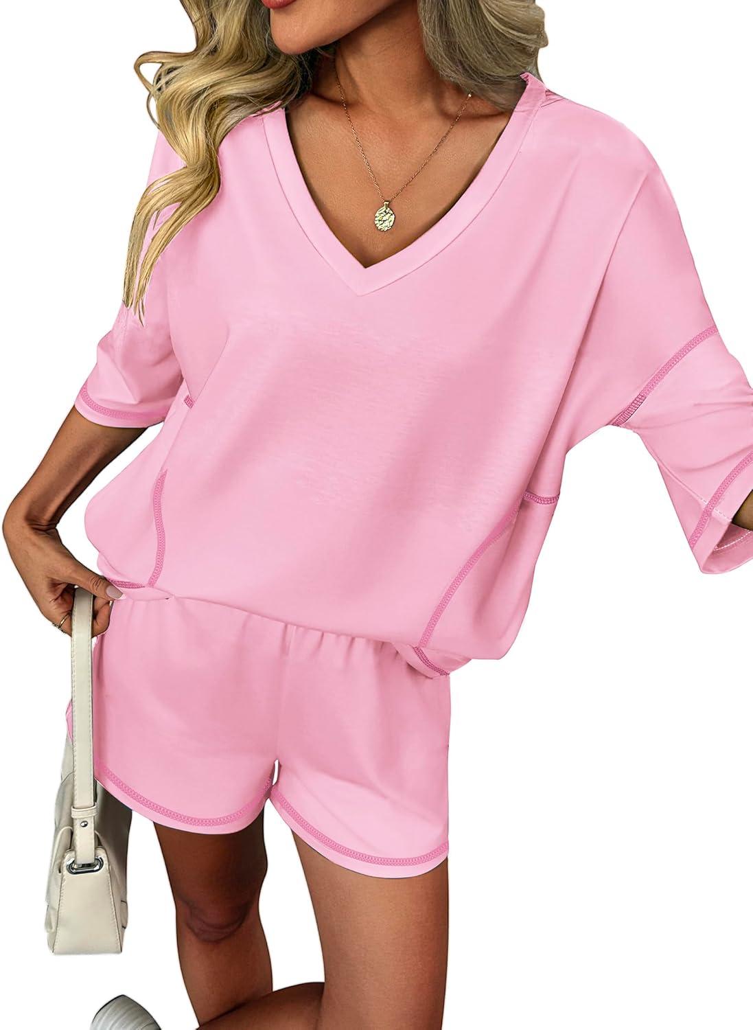 imageEkouaer Two Piece Sets for Women Summer Lounge Sets 2026 Striped Shirts and Shorts Set Oversized Matching OutfitPink