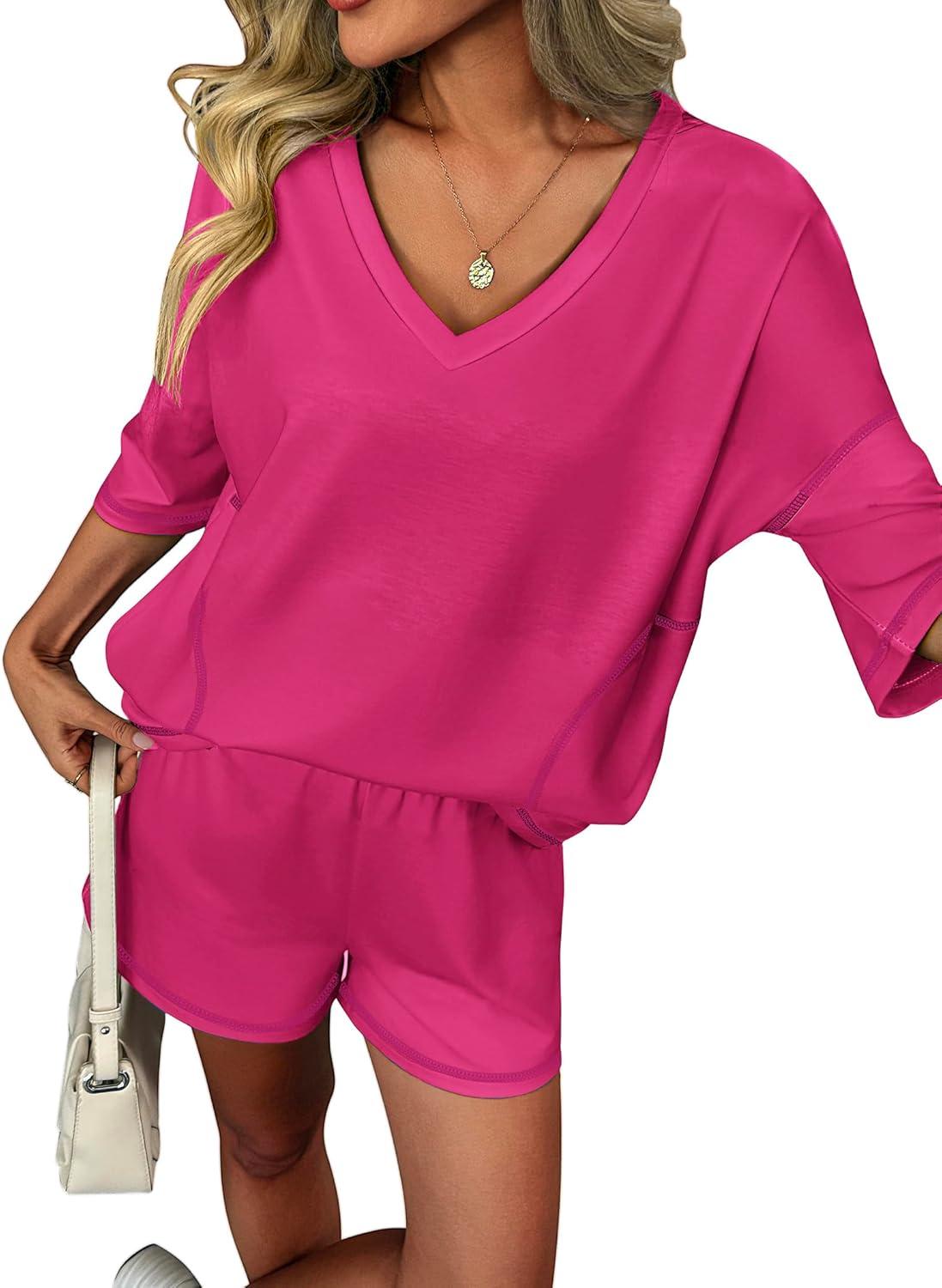 imageEkouaer Two Piece Sets for Women Summer Lounge Sets 2026 Striped Shirts and Shorts Set Oversized Matching OutfitRose Red