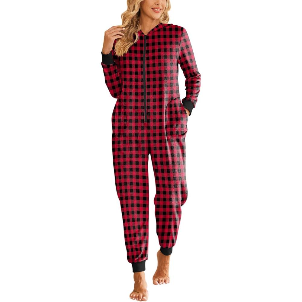 imageEkouaer Christmas Onesie Fleece Long Sleeve Hooded One Piece Pajamas for Women Zipper Pjs with Pocket SXXLRed Candy