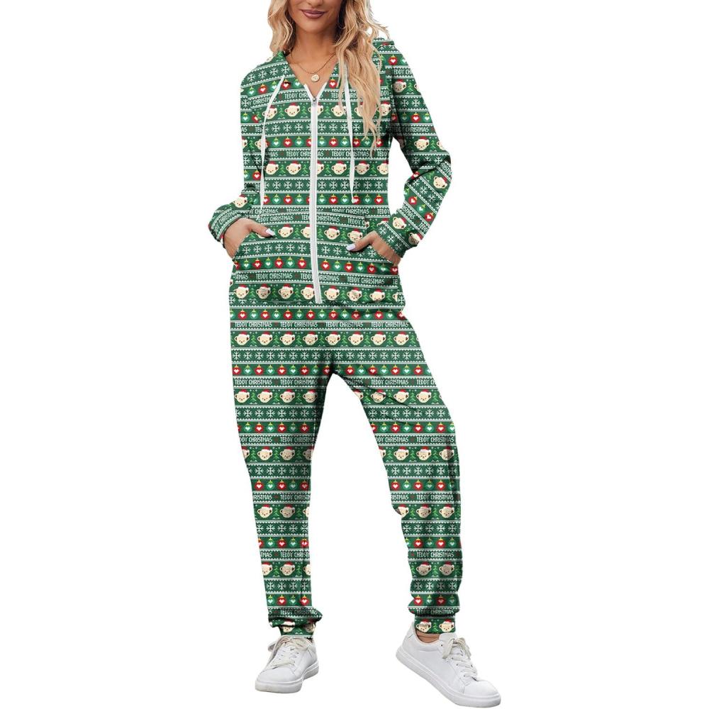 imageEkouaer Christmas Onesies for Women Zipper Hooded Onesie Pajamas Adult Soft One Piece Pajama with PocketsGreen Teddy Bear Pattern