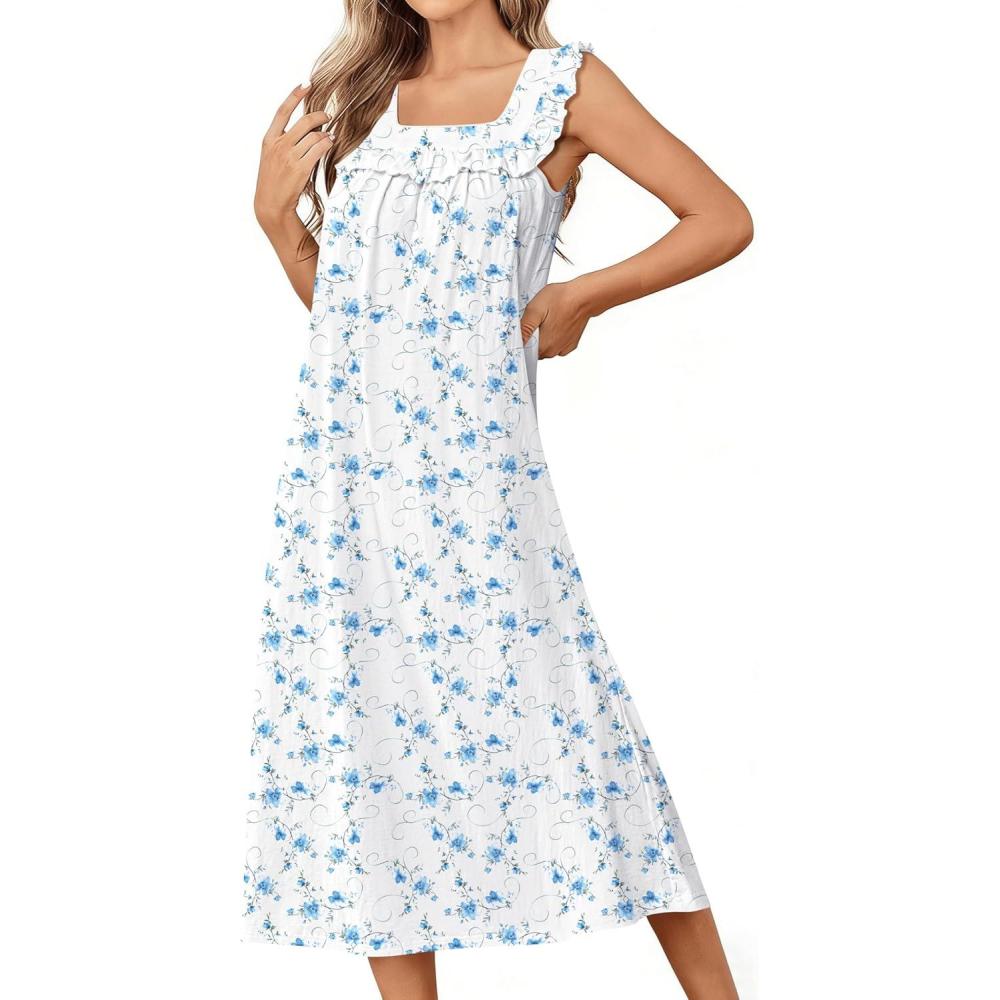 imageEkouaer Cotton Nightgowns for Women Long Sleeveless Night Gown Victorian Sleep dress Soft Night Dress Ladies SleepwearBlue Floral