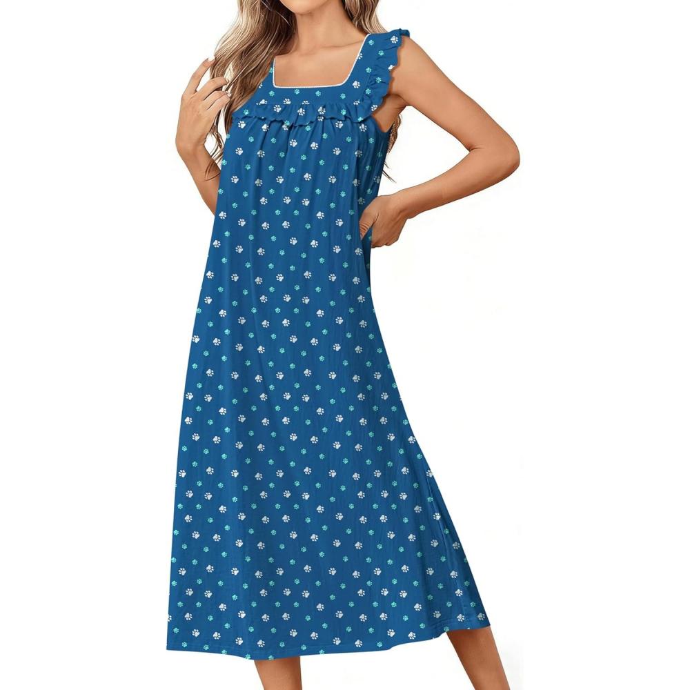 imageEkouaer Cotton Nightgowns for Women Long Sleeveless Night Gown Victorian Sleep dress Soft Night Dress Ladies SleepwearDog Footprints
