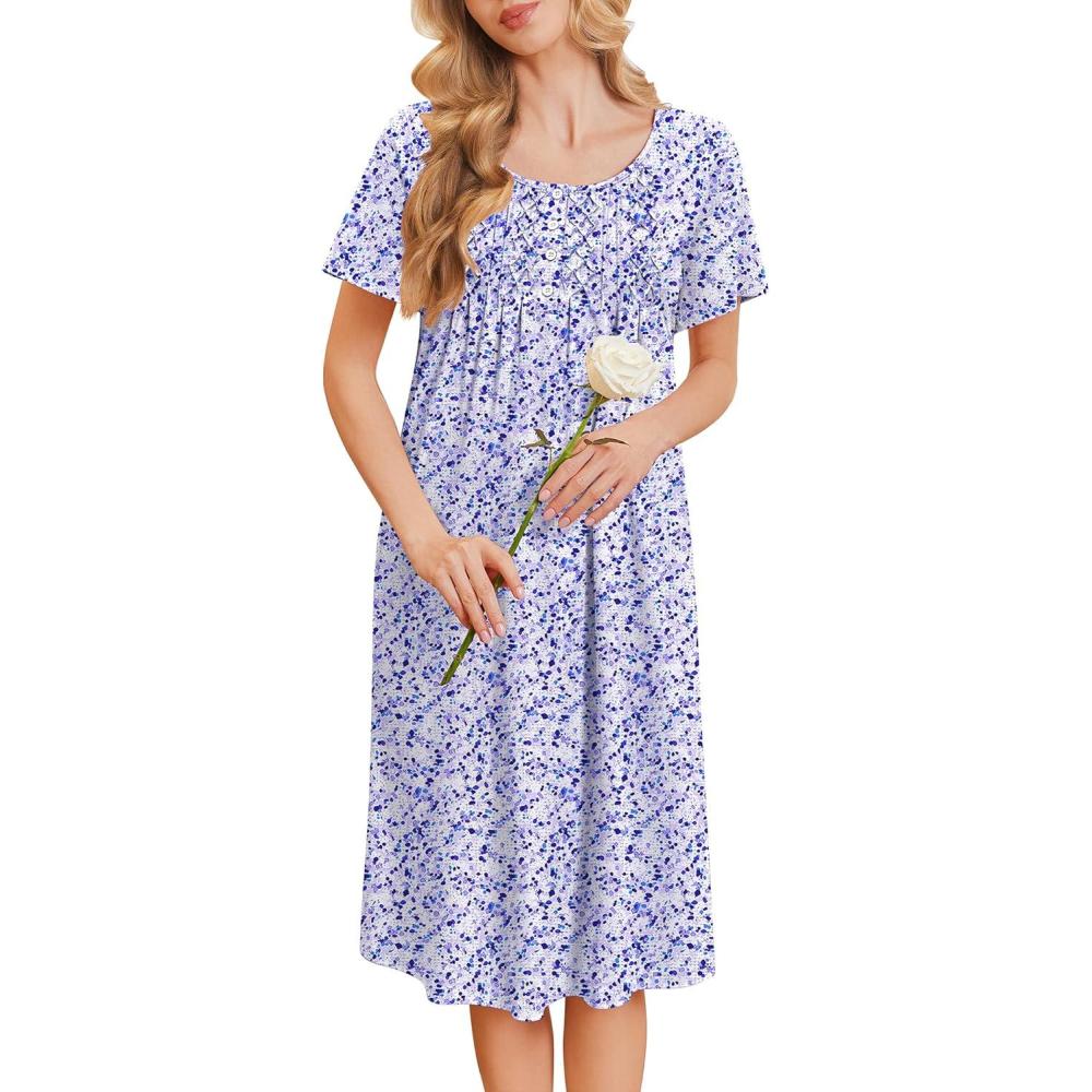 imageEkouaer Cotton Nightgowns for Women Short Sleeve House Dress Pleated Night Gown Button Sleep Shirt Ladies NightdressFloral Purple