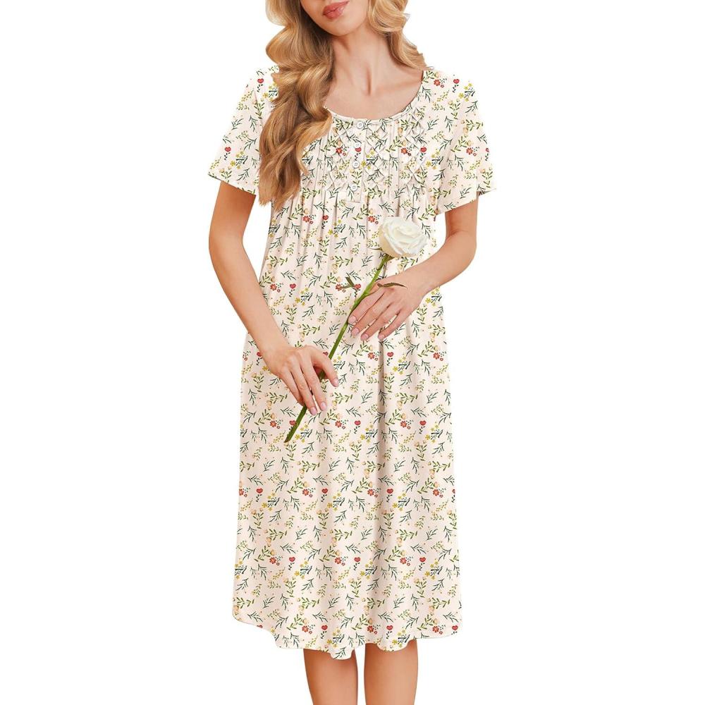 imageEkouaer Cotton Nightgowns for Women Short Sleeve House Dress Pleated Night Gown Button Sleep Shirt Ladies NightdressFloral Yellow