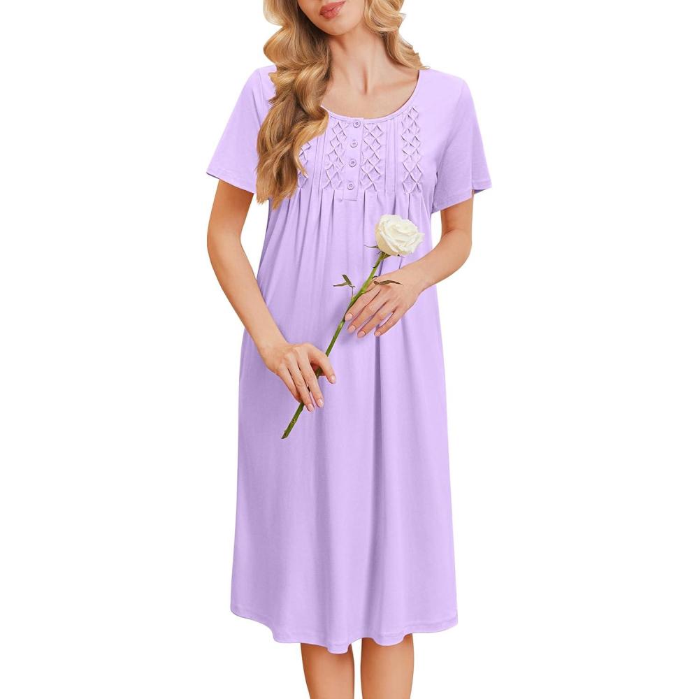 imageEkouaer Cotton Nightgowns for Women Short Sleeve House Dress Pleated Night Gown Button Sleep Shirt Ladies NightdressLavender Purple