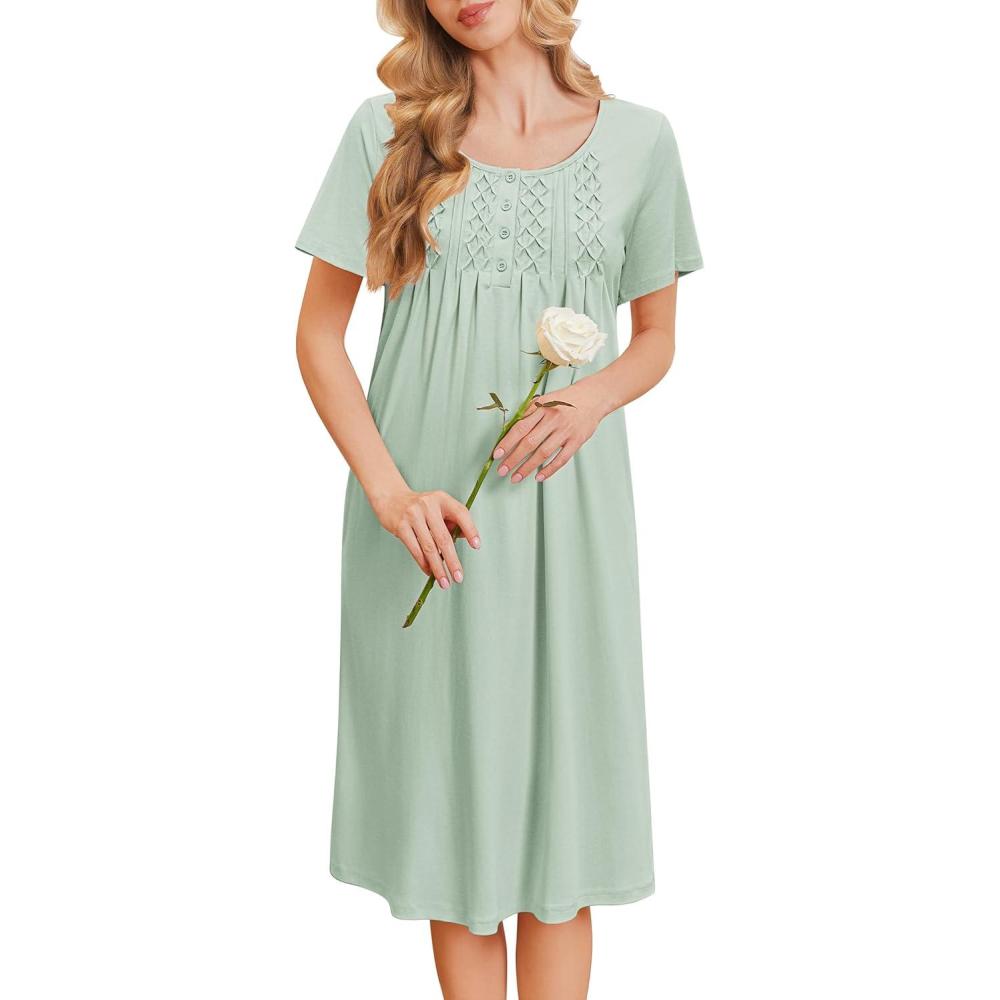 imageEkouaer Cotton Nightgowns for Women Short Sleeve House Dress Pleated Night Gown Button Sleep Shirt Ladies NightdressLight Green