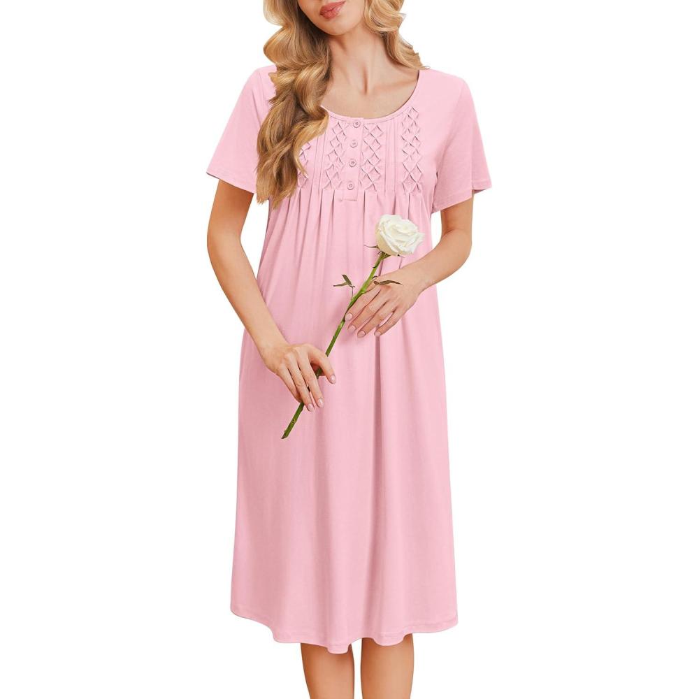imageEkouaer Cotton Nightgowns for Women Short Sleeve House Dress Pleated Night Gown Button Sleep Shirt Ladies NightdressLight Pink