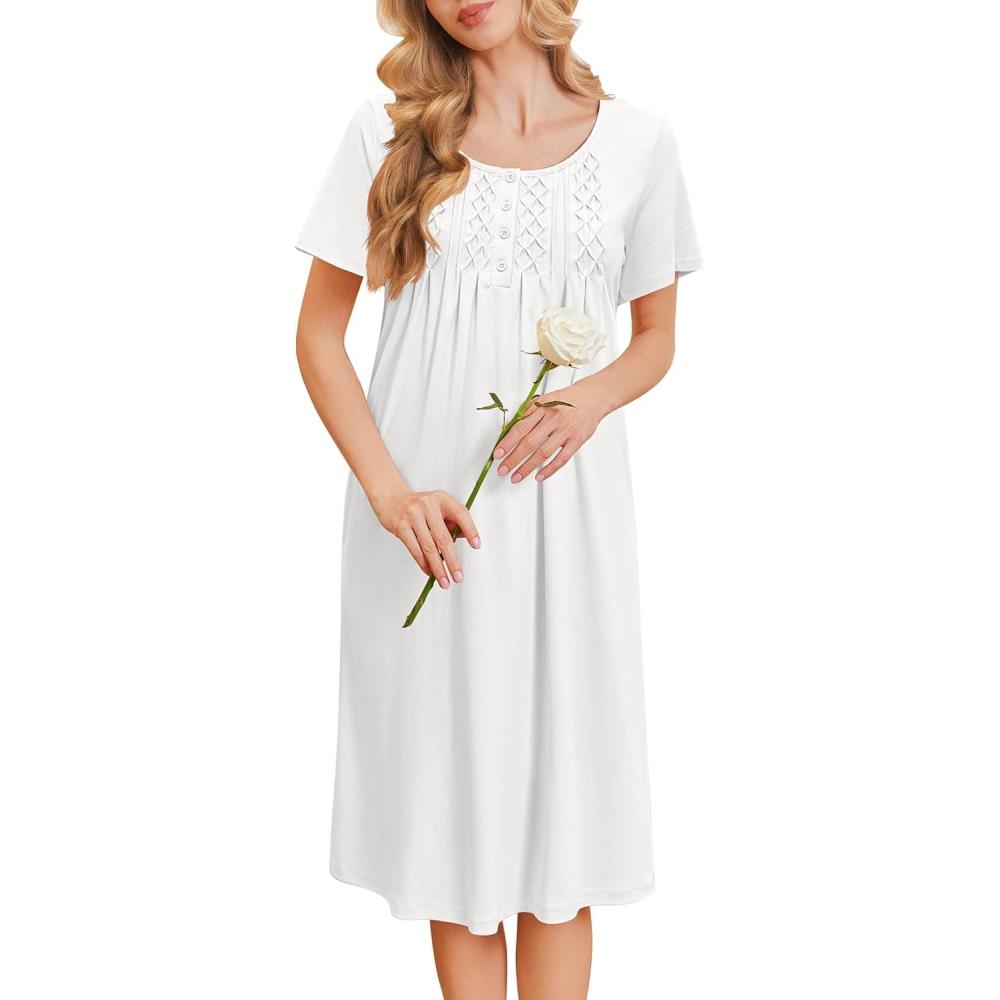 imageEkouaer Cotton Nightgowns for Women Short Sleeve House Dress Pleated Night Gown Button Sleep Shirt Ladies NightdressWhite
