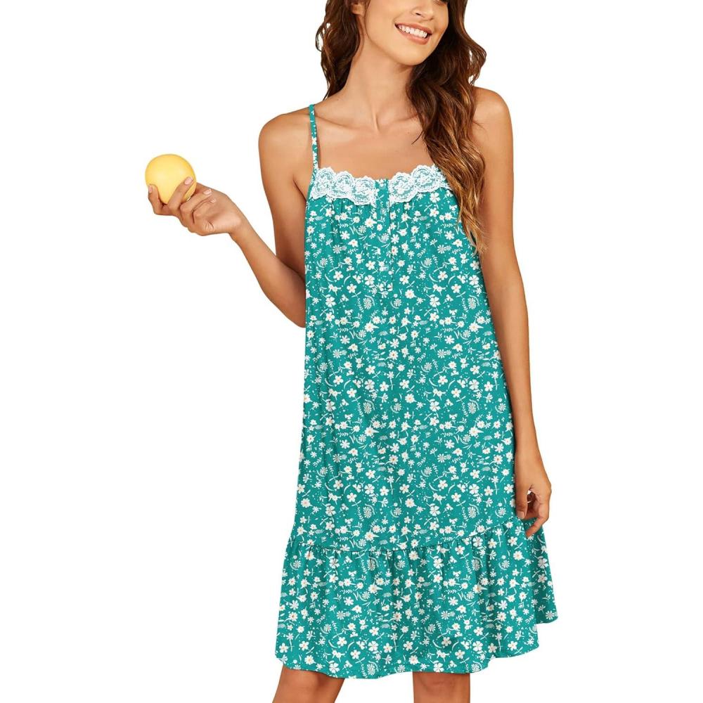 imageEkouaer Cotton Nightgowns for Women Sleeveless Night Gown Lace Sleep Dress Button Night Shirt Victorian NightdressGreen Little Flower