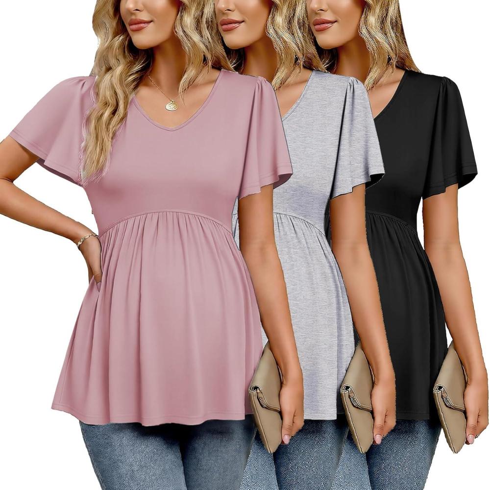 imageEkouaer Maternity Shirts 3 Packs Flying Short Sleeve Maternity Tops V Neck TShirt Pregnancy Clothes SXXLBlackLight GreyDirty Pink