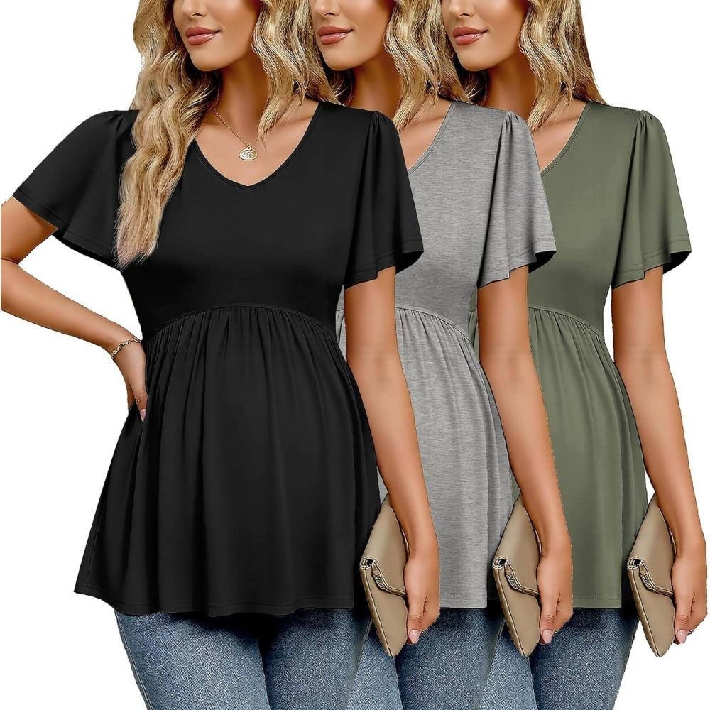 imageEkouaer Maternity Shirts 3 Packs Flying Short Sleeve Maternity Tops V Neck TShirt Pregnancy Clothes SXXLBlackOlive GreenGrey