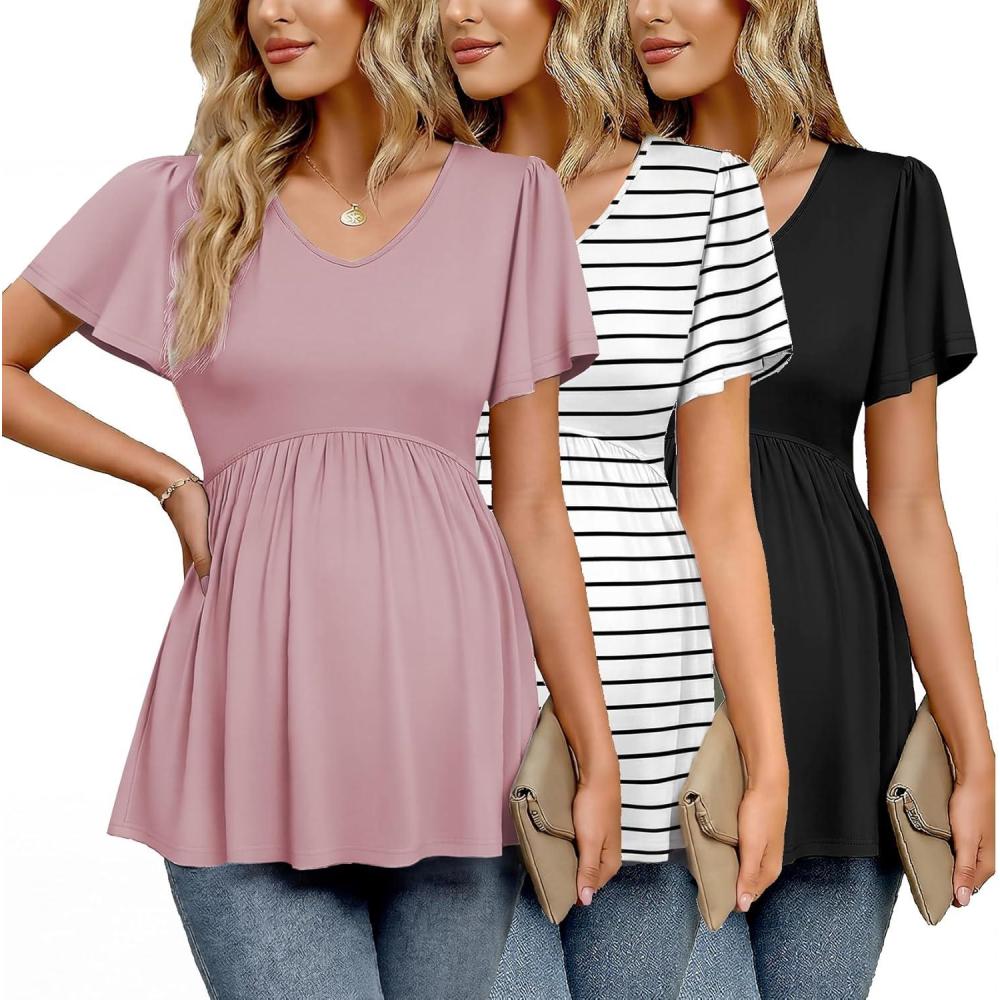 imageEkouaer Maternity Shirts 3 Packs Flying Short Sleeve Maternity Tops V Neck TShirt Pregnancy Clothes SXXLBlackPinkBlack Stripe