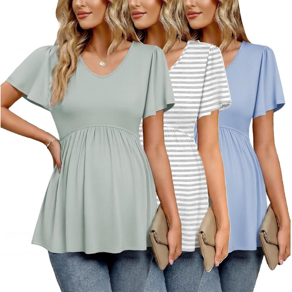 imageEkouaer Maternity Shirts 3 Packs Flying Short Sleeve Maternity Tops V Neck TShirt Pregnancy Clothes SXXLLight BlueLight GreenGrey Stripe