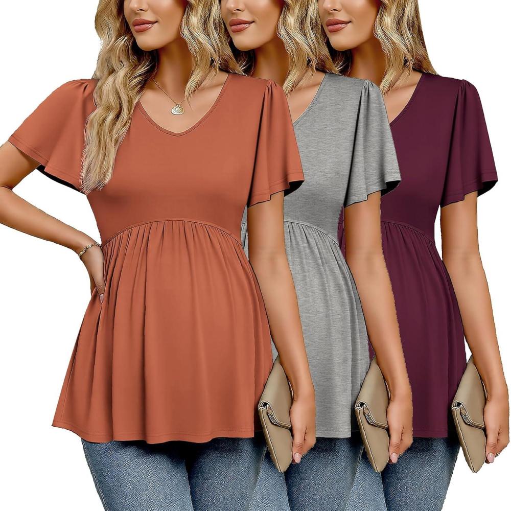 imageEkouaer Maternity Shirts 3 Packs Flying Short Sleeve Maternity Tops V Neck TShirt Pregnancy Clothes SXXLRedGreyCaramel