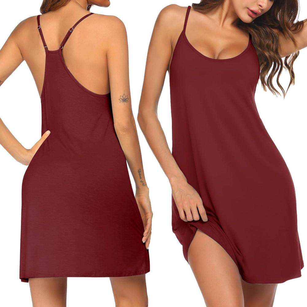 imageEkouaer Nightgowns for Women Bamboo Viscose Night Gown Sleeveless Sleep Dress Racerback Spaghetti Strap Chemise SleepwearDeep Red