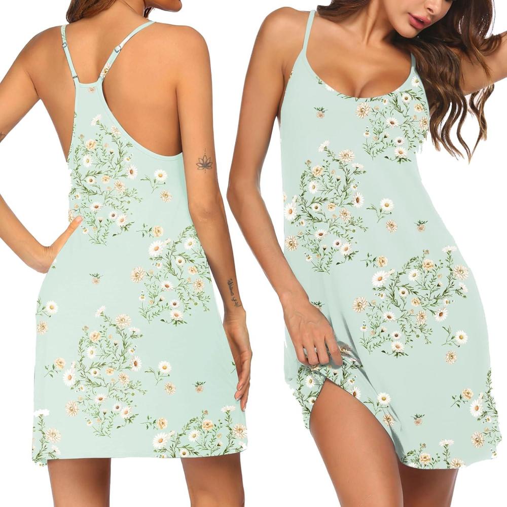 imageEkouaer Nightgowns for Women Bamboo Viscose Night Gown Sleeveless Sleep Dress Racerback Spaghetti Strap Chemise SleepwearFloral Light Green