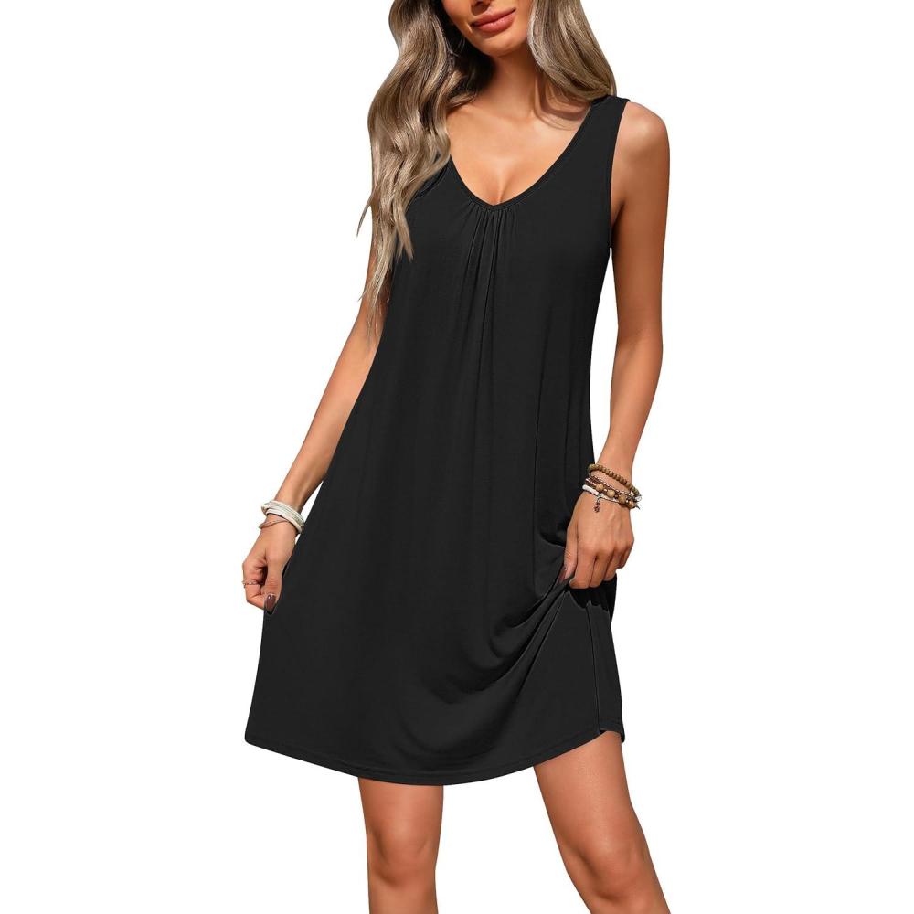 imageEkouaer Nightgowns for Women Bamboo Viscose Night Gown Sleeveless Sleep Shirts Tank Sleep Dress Vneck SleepwearBlack