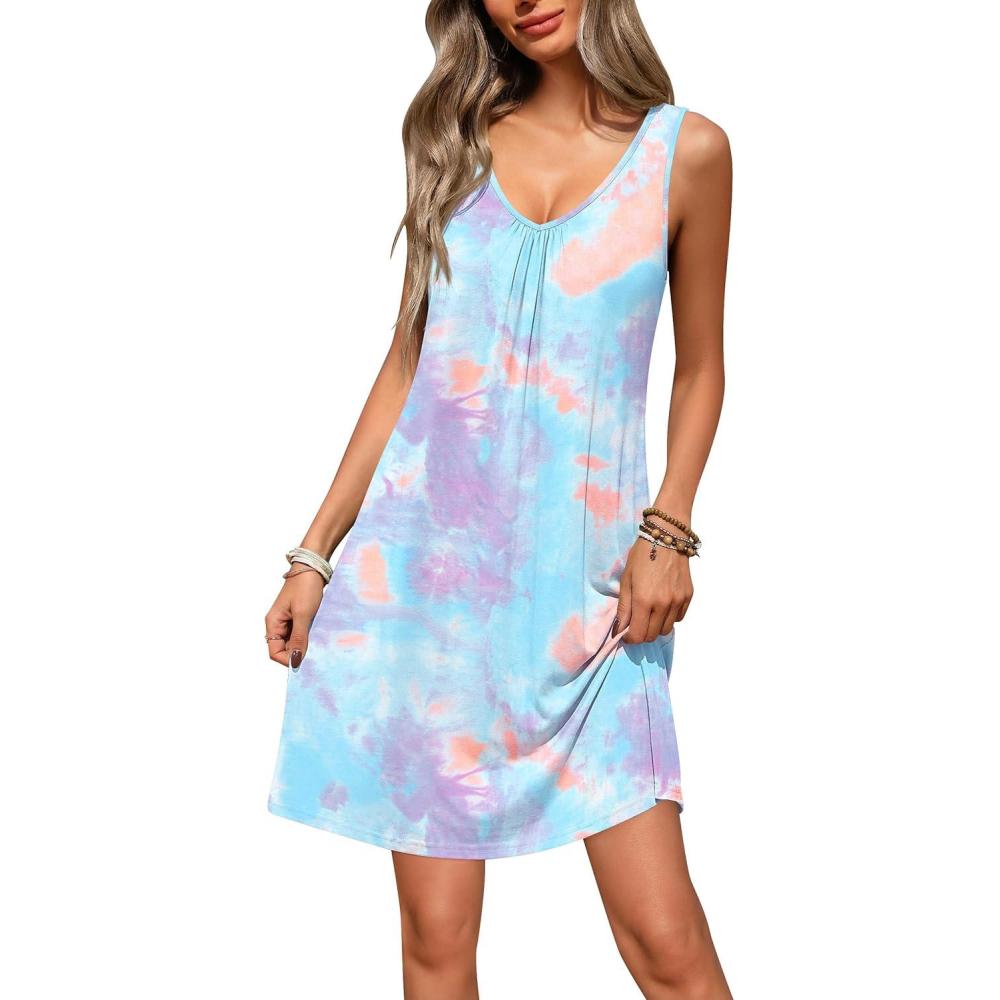 imageEkouaer Nightgowns for Women Bamboo Viscose Night Gown Sleeveless Sleep Shirts Tank Sleep Dress Vneck SleepwearBlue Tie Dye