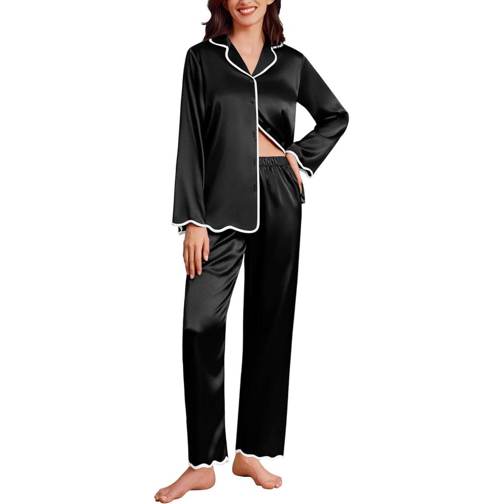 imageEkouaer Satin Pajama Set Long Sleeve Button Down Pj Sets Ruffle Silk Valentine Pajamas for WomenBlack