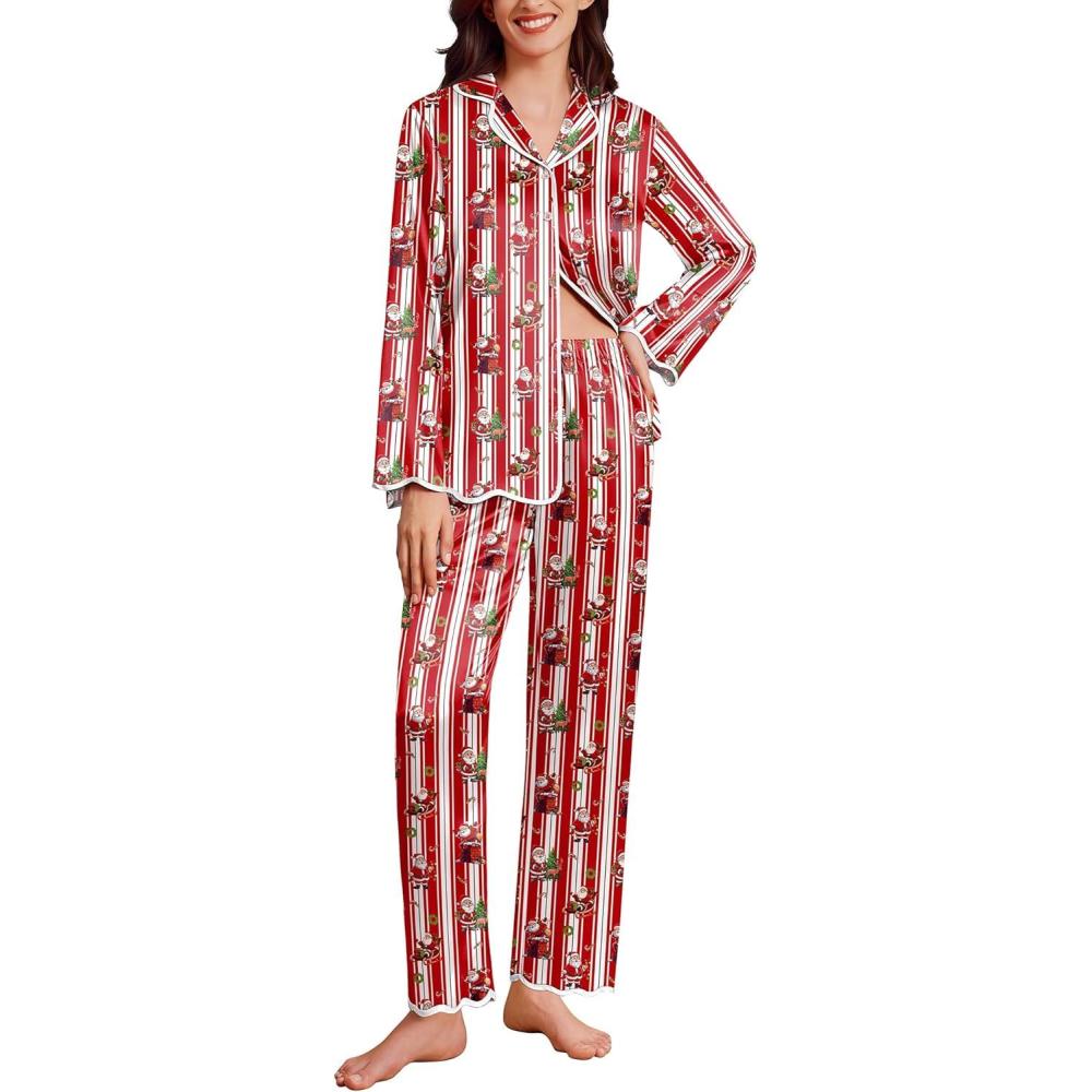 imageEkouaer Satin Pajama Set Long Sleeve Button Down Pj Sets Ruffle Silk Valentine Pajamas for WomenChristmassanta Printed Pjs