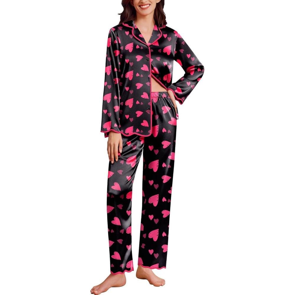 imageEkouaer Satin Pajama Set Long Sleeve Button Down Pj Sets Ruffle Silk Valentine Pajamas for WomenHeartprint Black