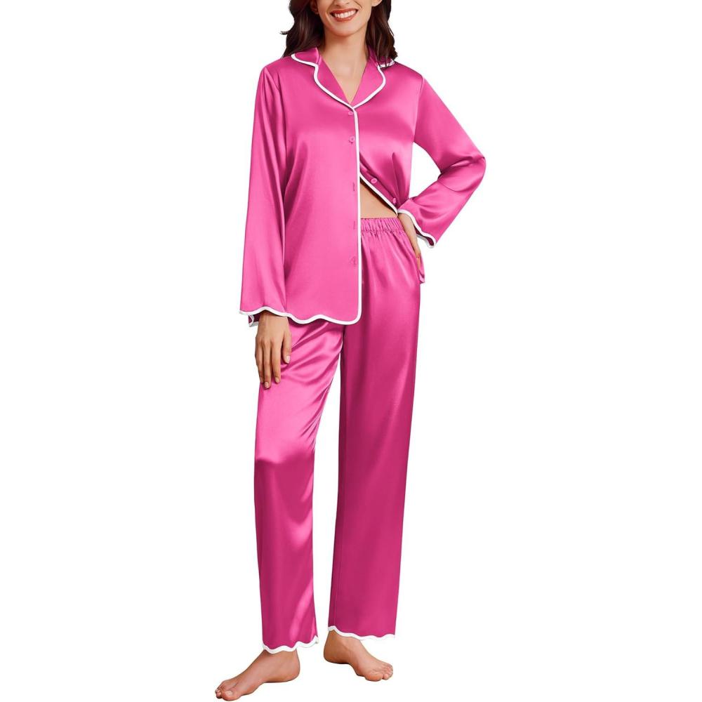 imageEkouaer Satin Pajama Set Long Sleeve Button Down Pj Sets Ruffle Silk Valentine Pajamas for WomenRose Red