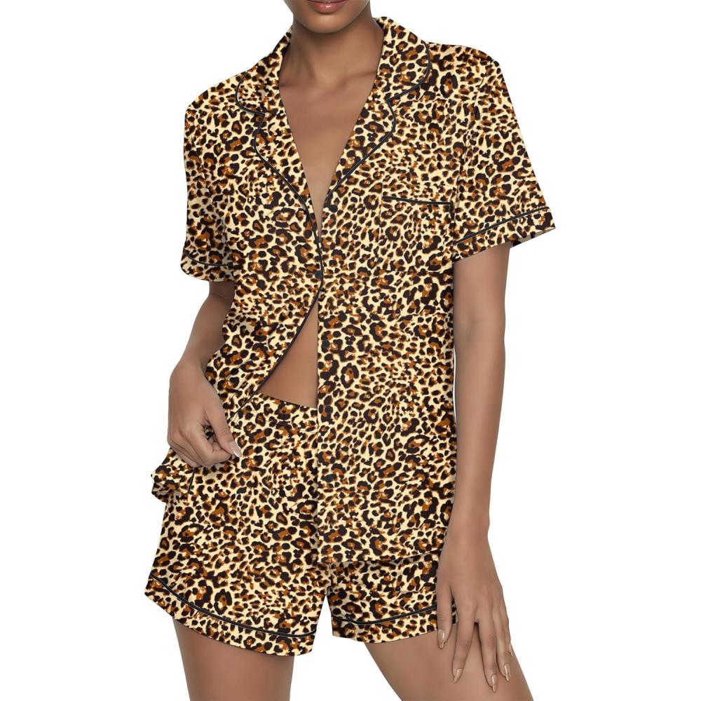 imageEkouaer Womens Pajama Sets Button Up Summer Cute Pjs 2 Piece Short Sleeve Sleepwear Lounge Set SXXLBrown Leopard