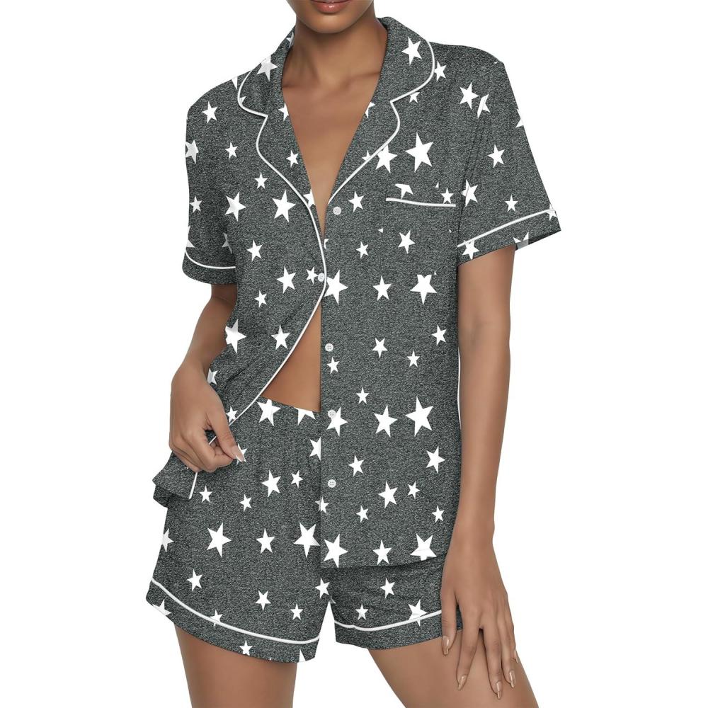 imageEkouaer Womens Pajama Sets Button Up Summer Cute Pjs 2 Piece Short Sleeve Sleepwear Lounge Set SXXLGray With Star